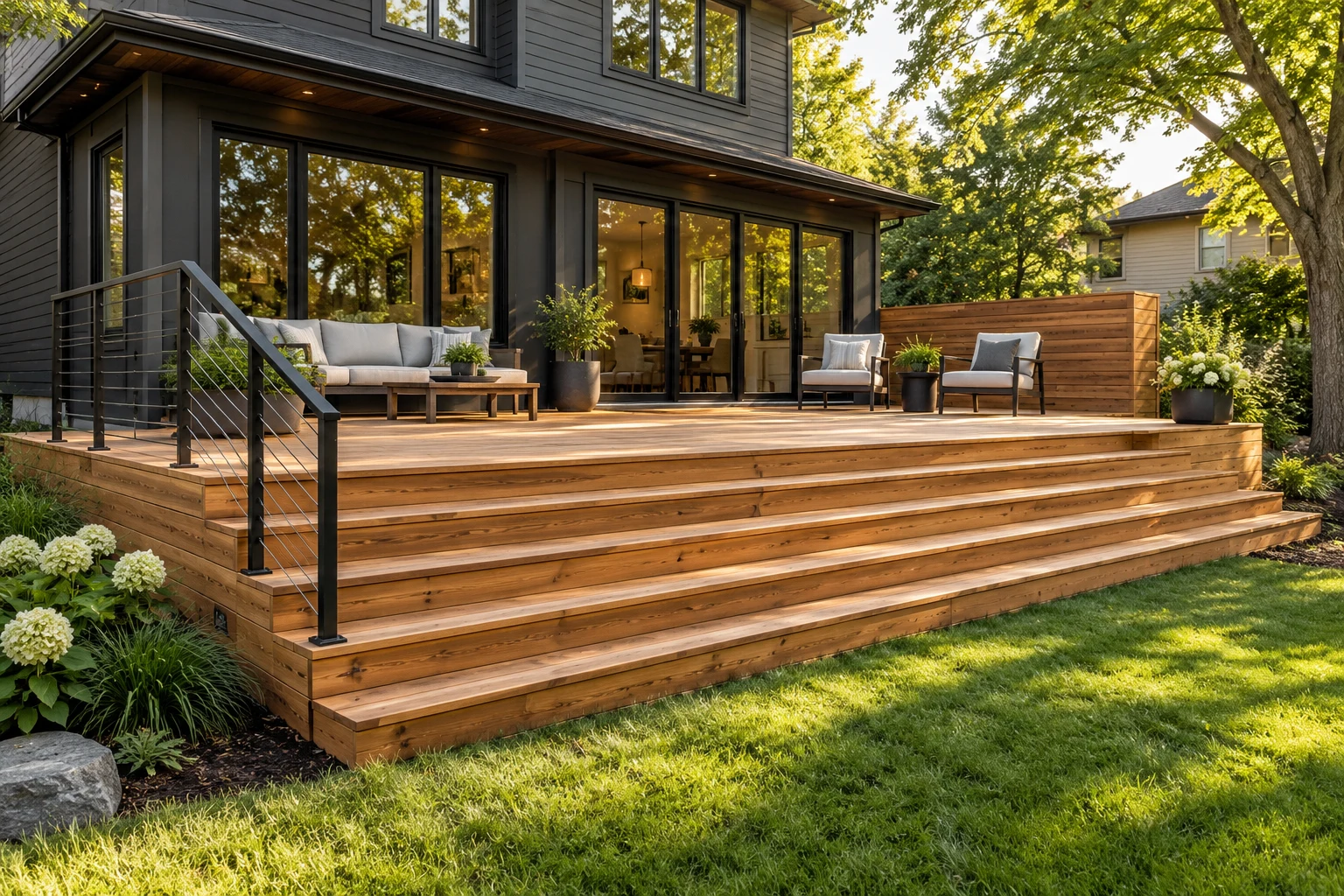 Illustrative cedar deck with broad garden steps